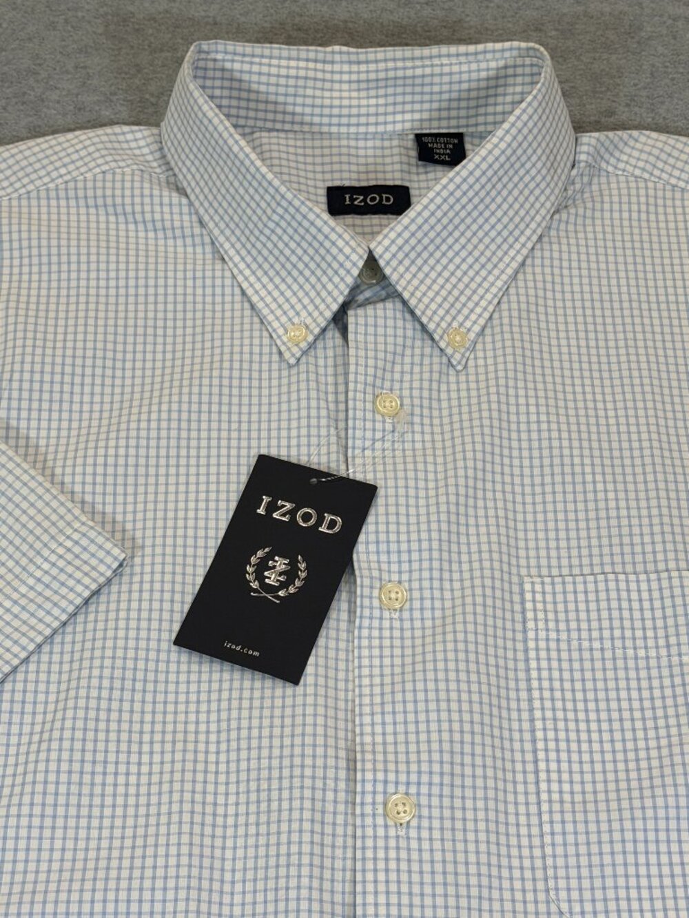 IZOD Men's Short Sleeve Button Down Shirt XXL Blue White Gingham Check NOS